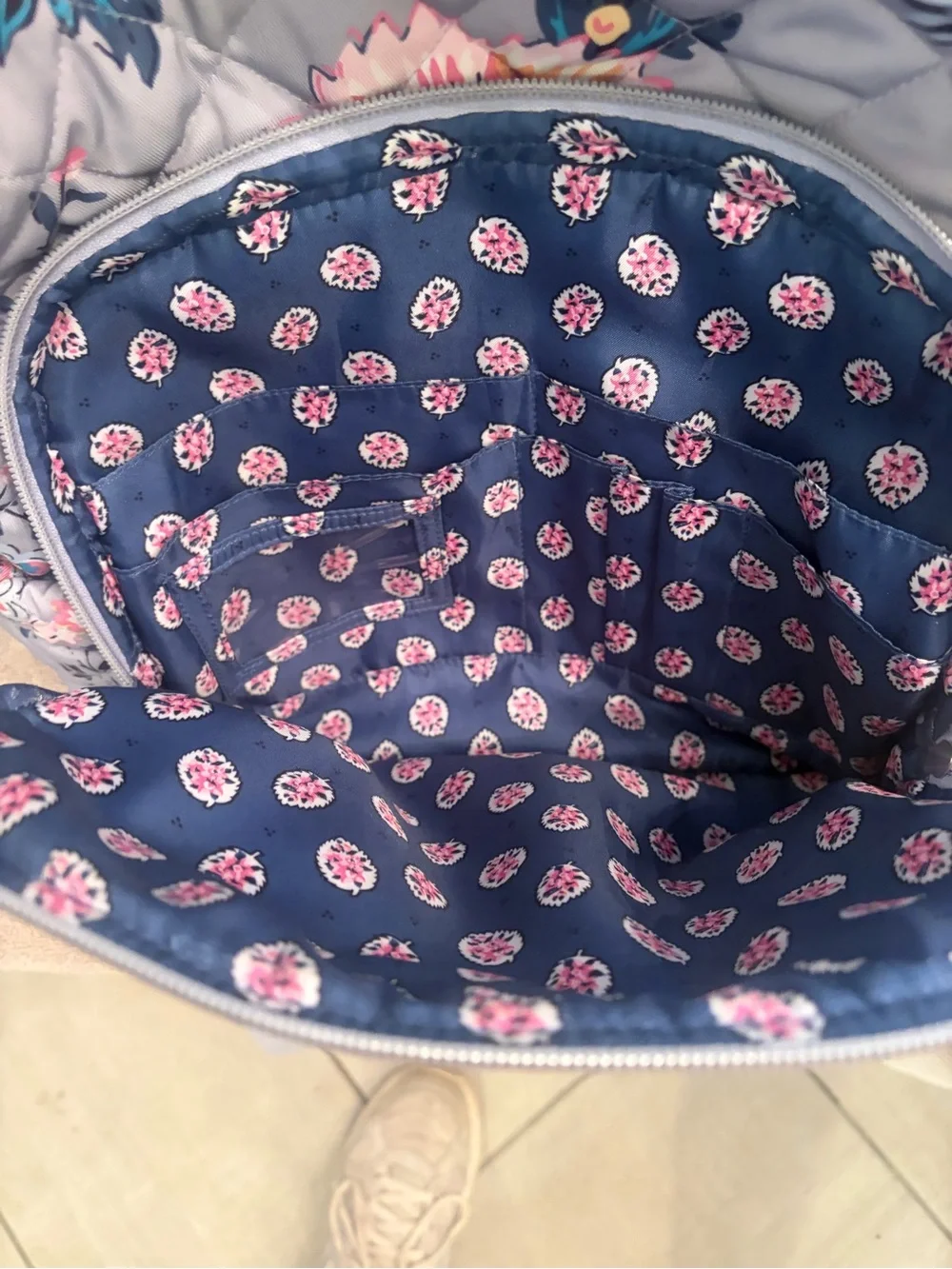 Quilted Floral Backpack - Light Gray with Pink & Teal Flowers